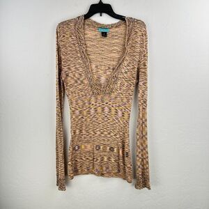 Stacia Top Womens Blouse Medium Pink Orange Abstract Knit Deep VNeck Long Sleeve